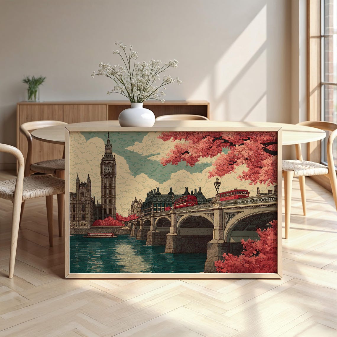 London Ukiyo E Big Ben Red Bus Cherry Blossom Japanese Style Poster