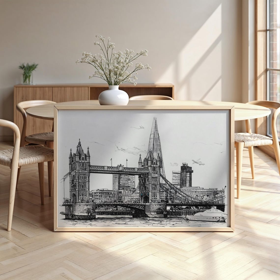 London Tower Bridge And The Shard Black White Sketch Cityscape Poster