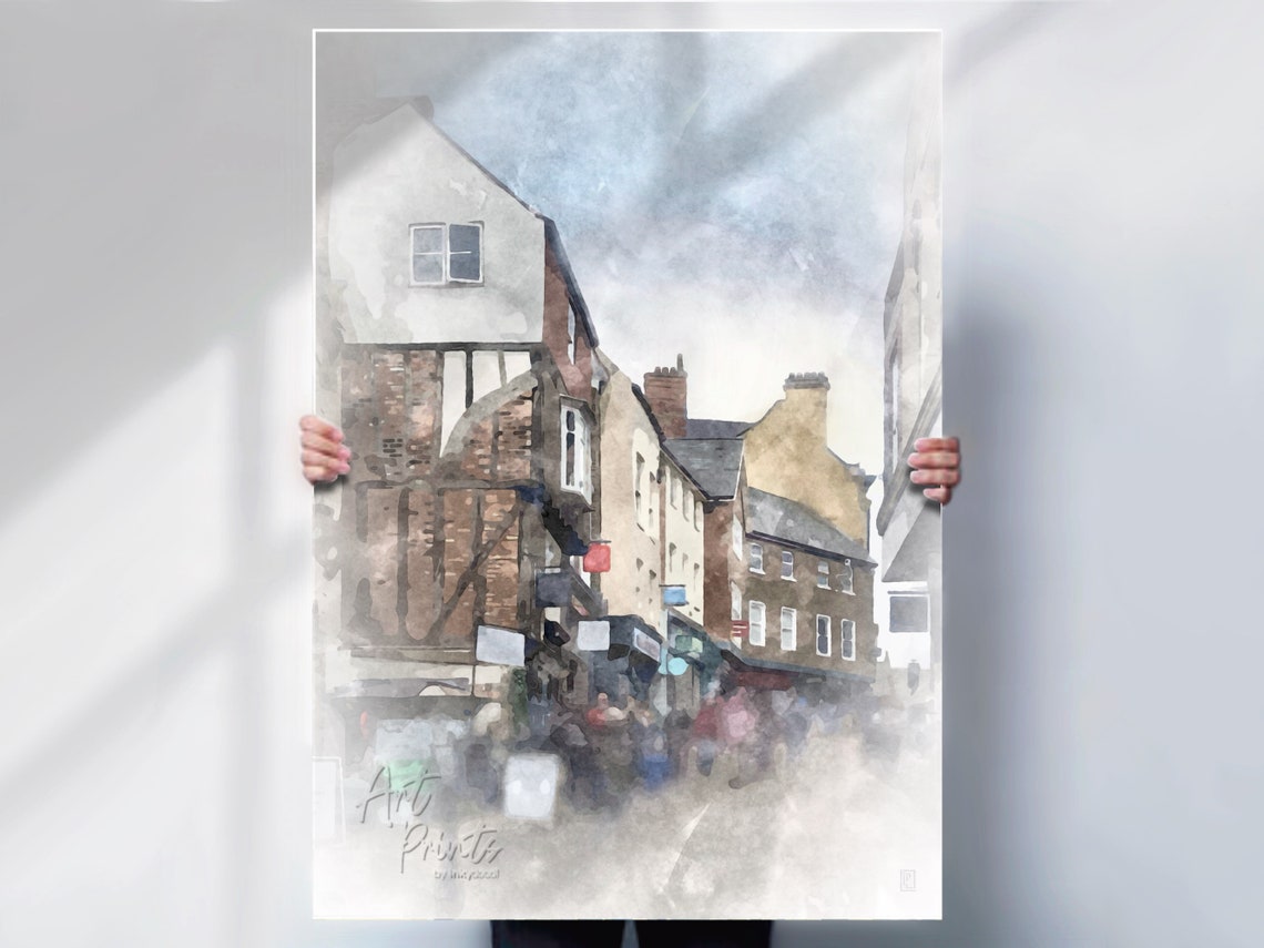 Durham England Historic Old Town Street Watercolor Print Poster