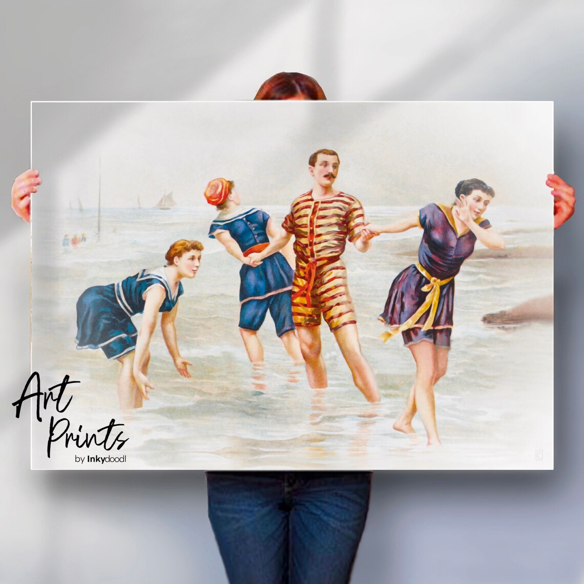 Edwardian Bathers Striped Costumes Vintage Seaside Postcard Beach Poster