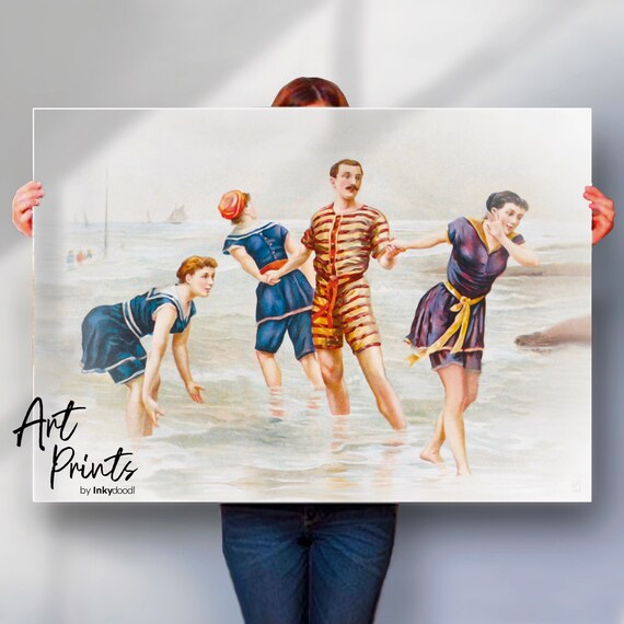 Edwardian Bathers Striped Costumes Vintage Seaside Postcard Beach Poster