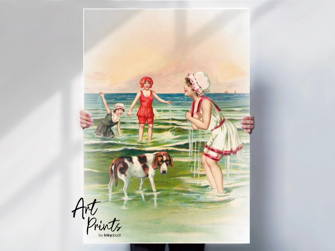 Edwardian Seaside Bathing Beauties Vintage Postcard Beach Scene Poster