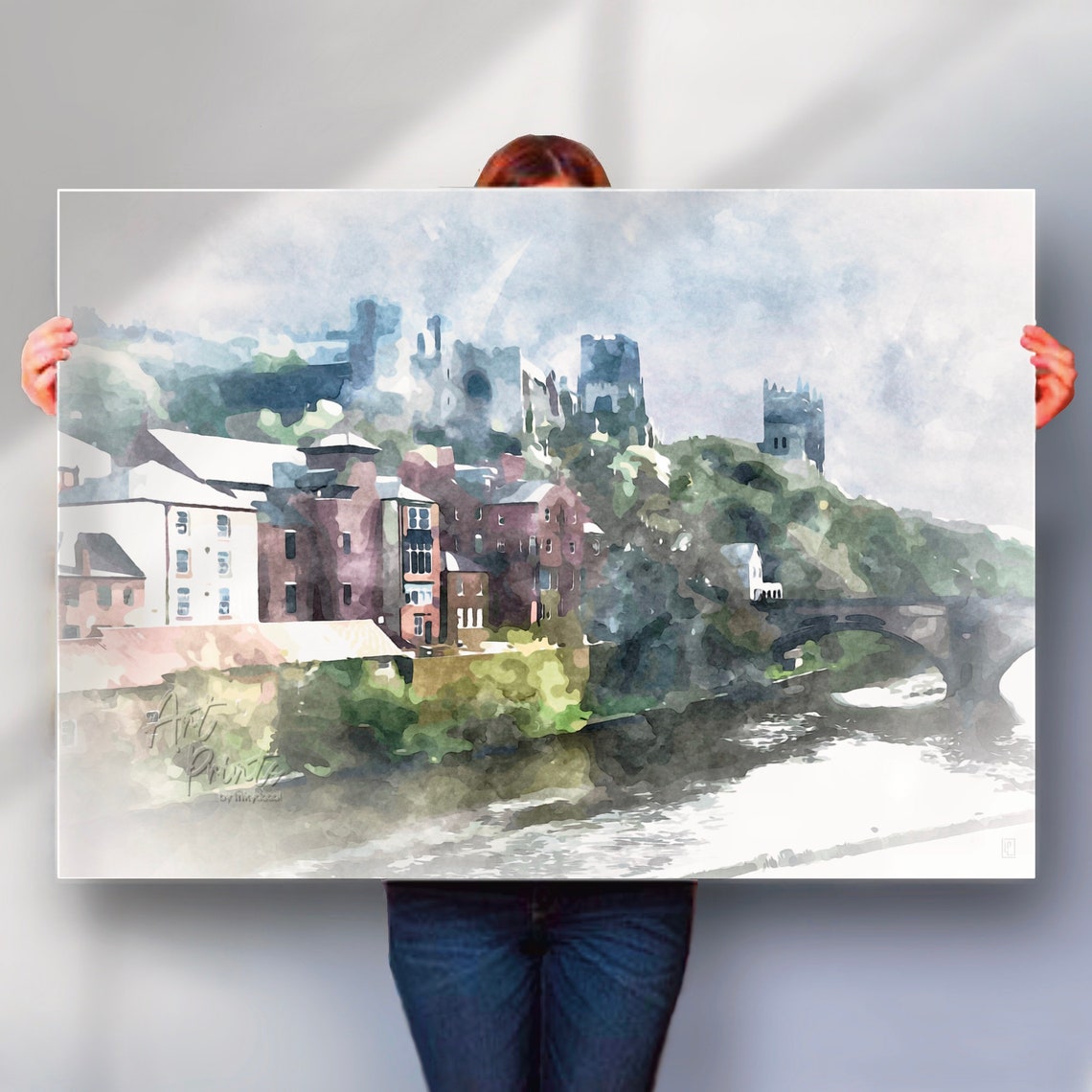 Durham England Cathedral Castle River Wear Watercolor Skyline Poster