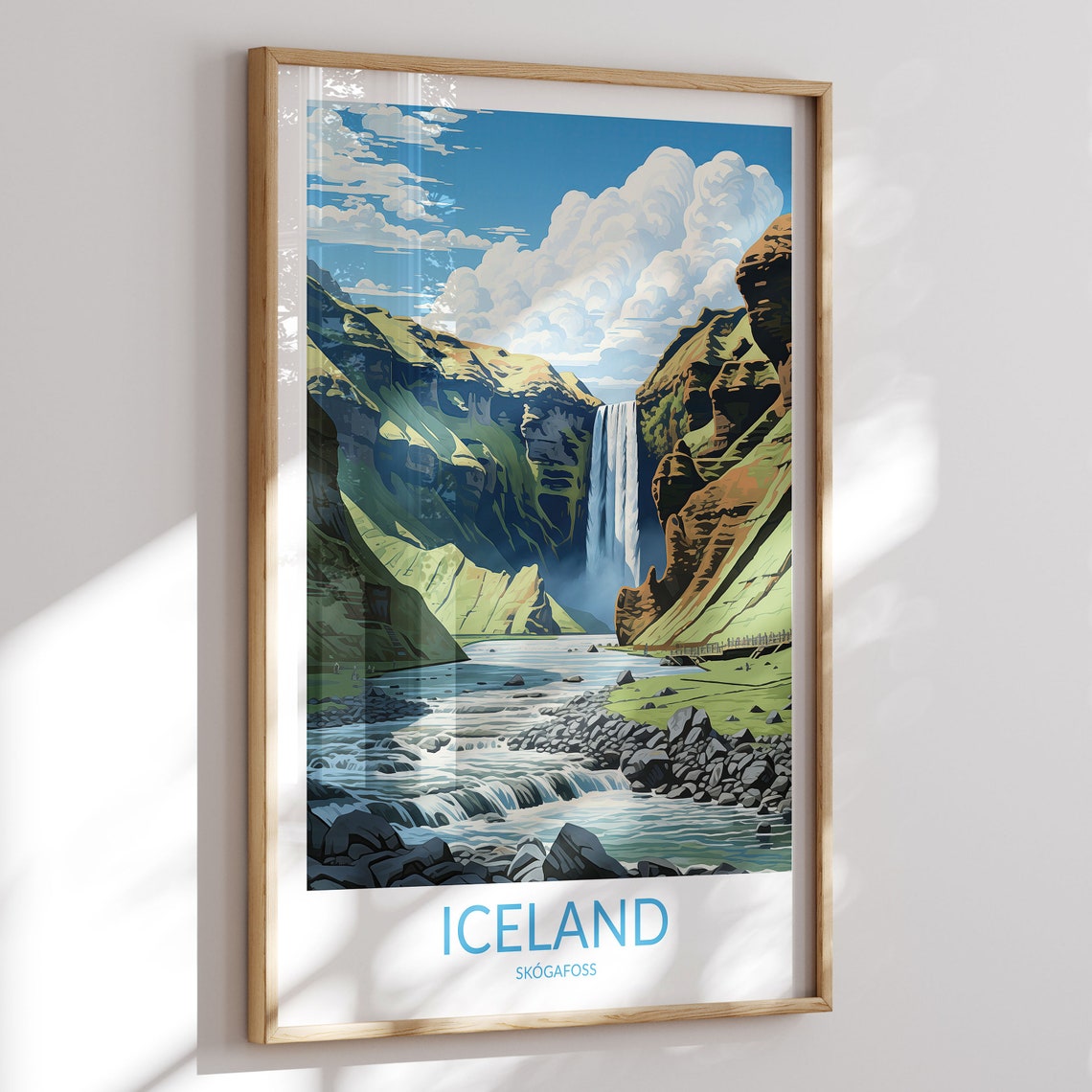 Skogafoss Waterfall Iceland River Canyon Vista Travel Poster