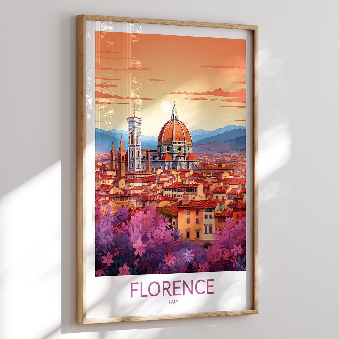 Florence Italy Duomo Sunset Rooftop Flowers Scene Travel Poster
