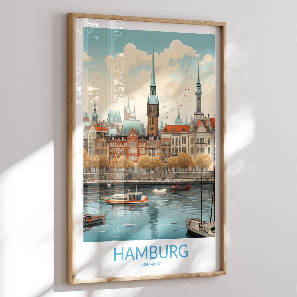 Hamburg Germany Lake Boats City Skyline Teal Sky Vintage Travel Poster