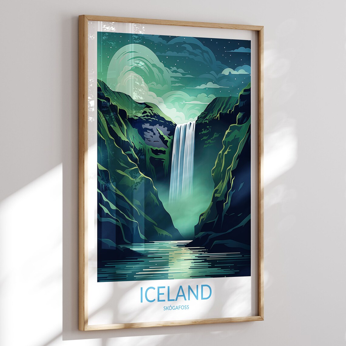 Skogafoss Waterfall Iceland Moonlit Night Vintage Travel Poster