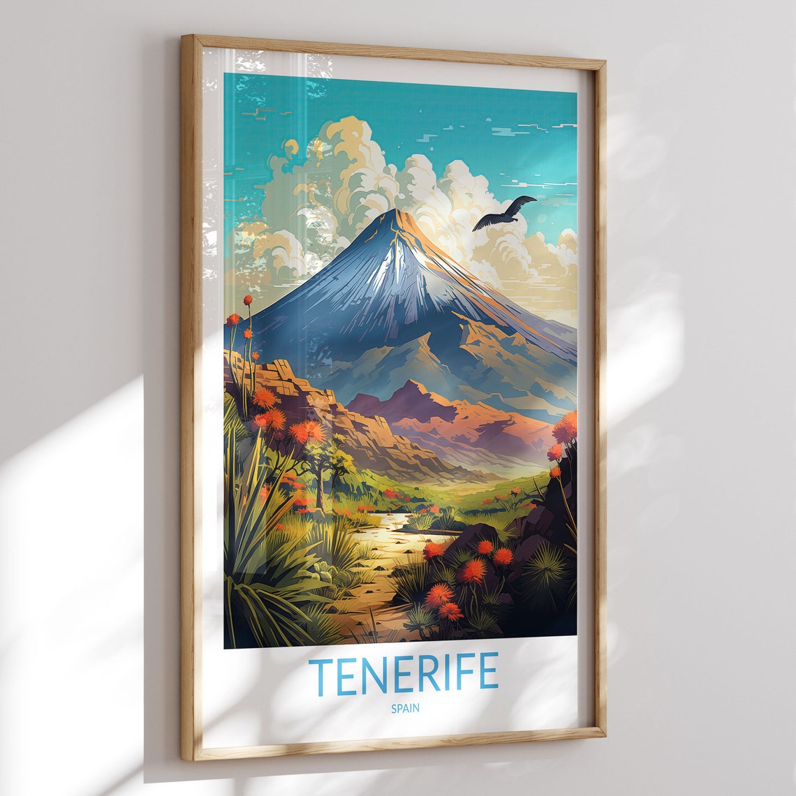 Tenerife Spain Mount Teide Peak Soaring Eagle Red Flowers Poster
