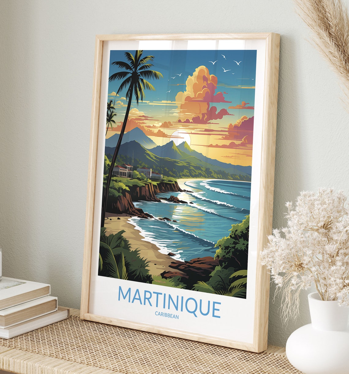 Martinique Caribbean Sunset Palm Beach Ocean Waves Travel Poster