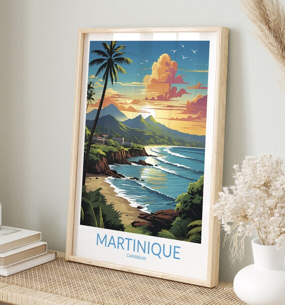 Martinique Caribbean Sunset Palm Beach Ocean Waves Travel Poster