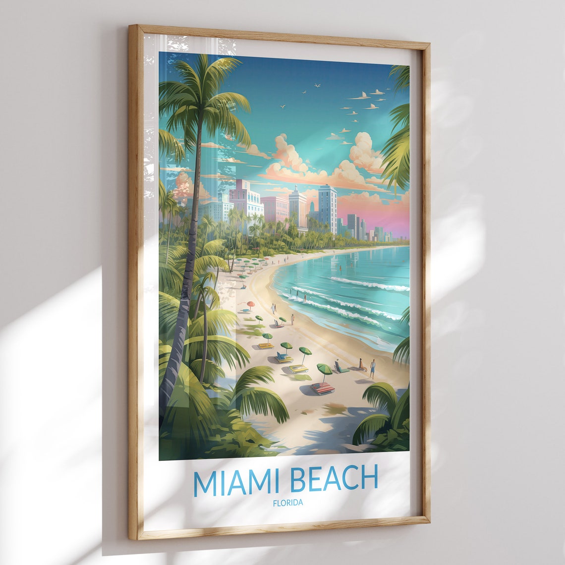 Miami Beach Florida Palm Framed Beach Umbrellas Travel Poster