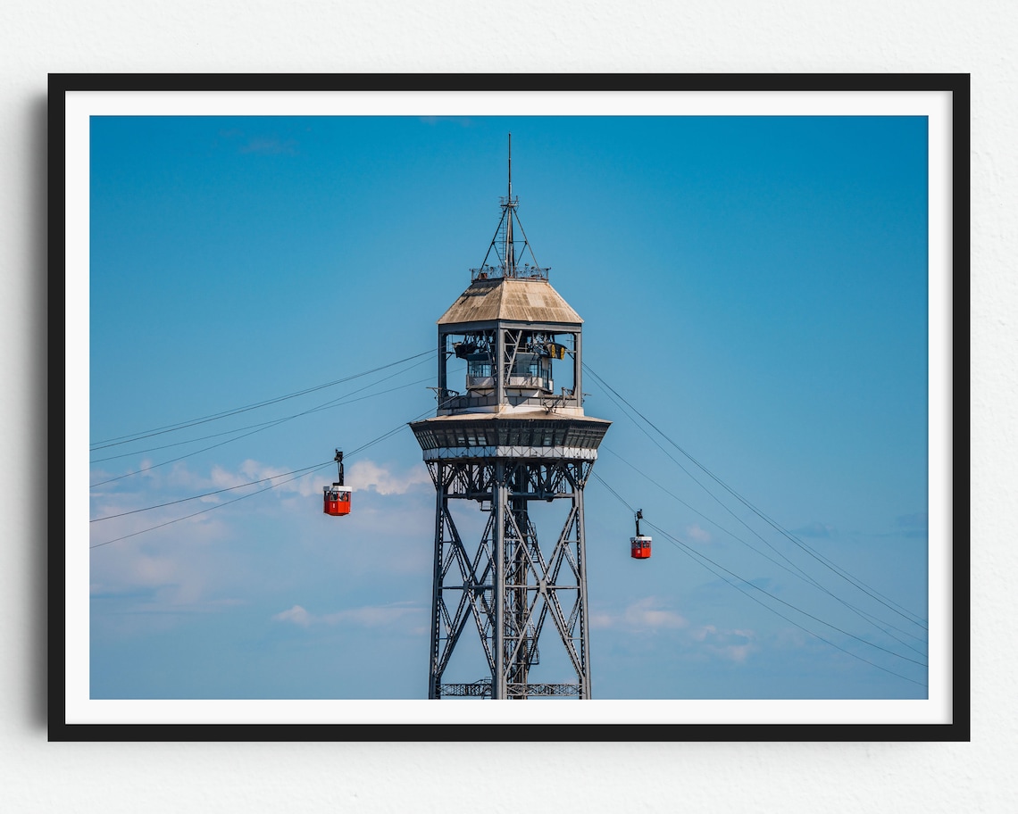 Barcelona Red Cable Car Tower With Twin Gondolas Bright Blue Sky Poster