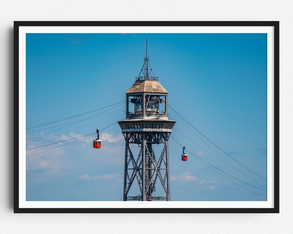 Barcelona Red Cable Car Tower With Twin Gondolas Bright Blue Sky Poster