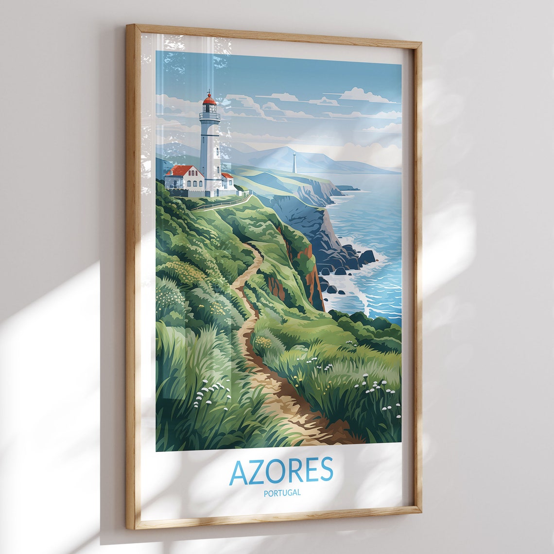 Azores Portugal Lighthouse Green Coastal Cliffs Winding Path Poster