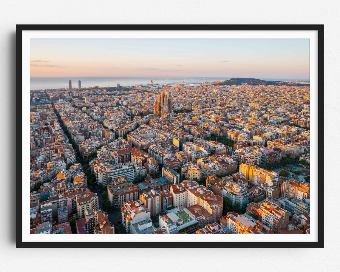 Barcelona City Aerial Sunrise Sagrada Familia and Sea Poster