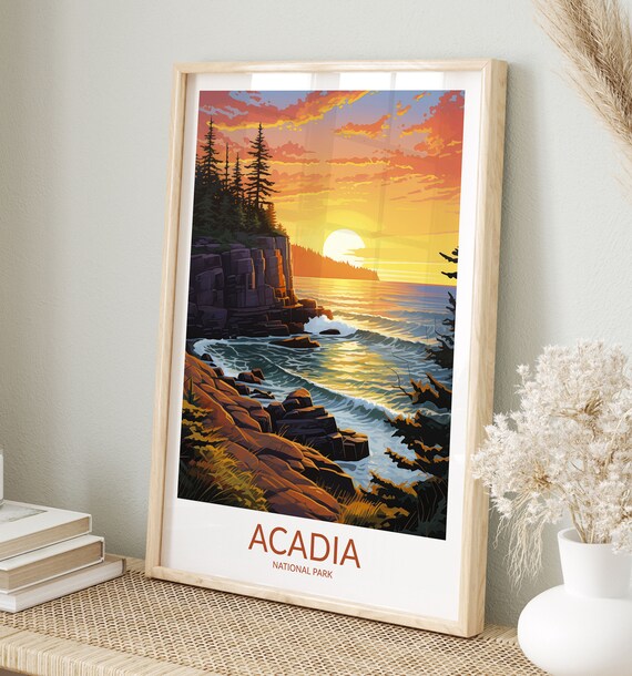 Acadia National Park Fiery Sunset Crashing Waves Rocky Coast Scenic Poster