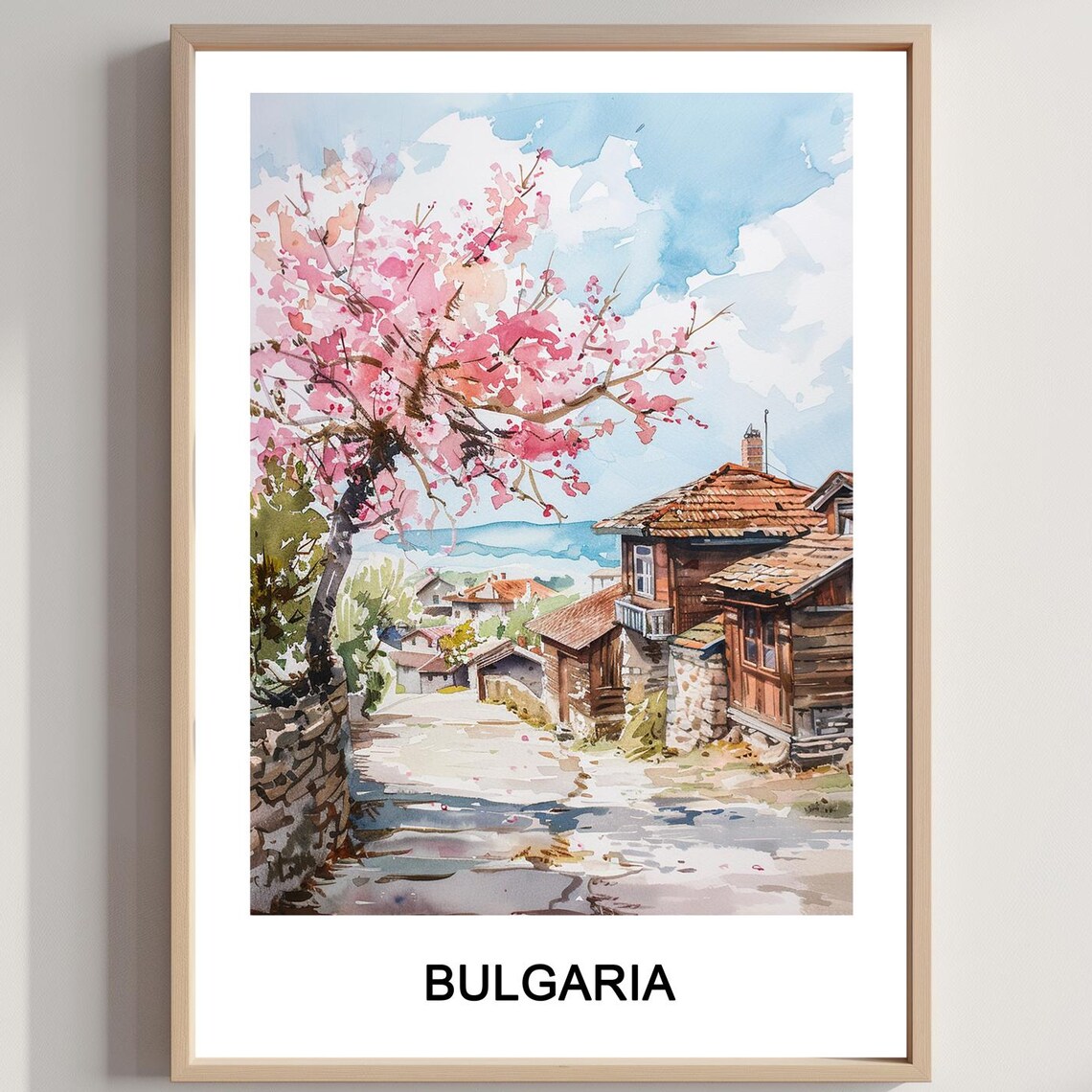 Bulgaria Cherry Blossom Village Street Watercolor Travel Poster