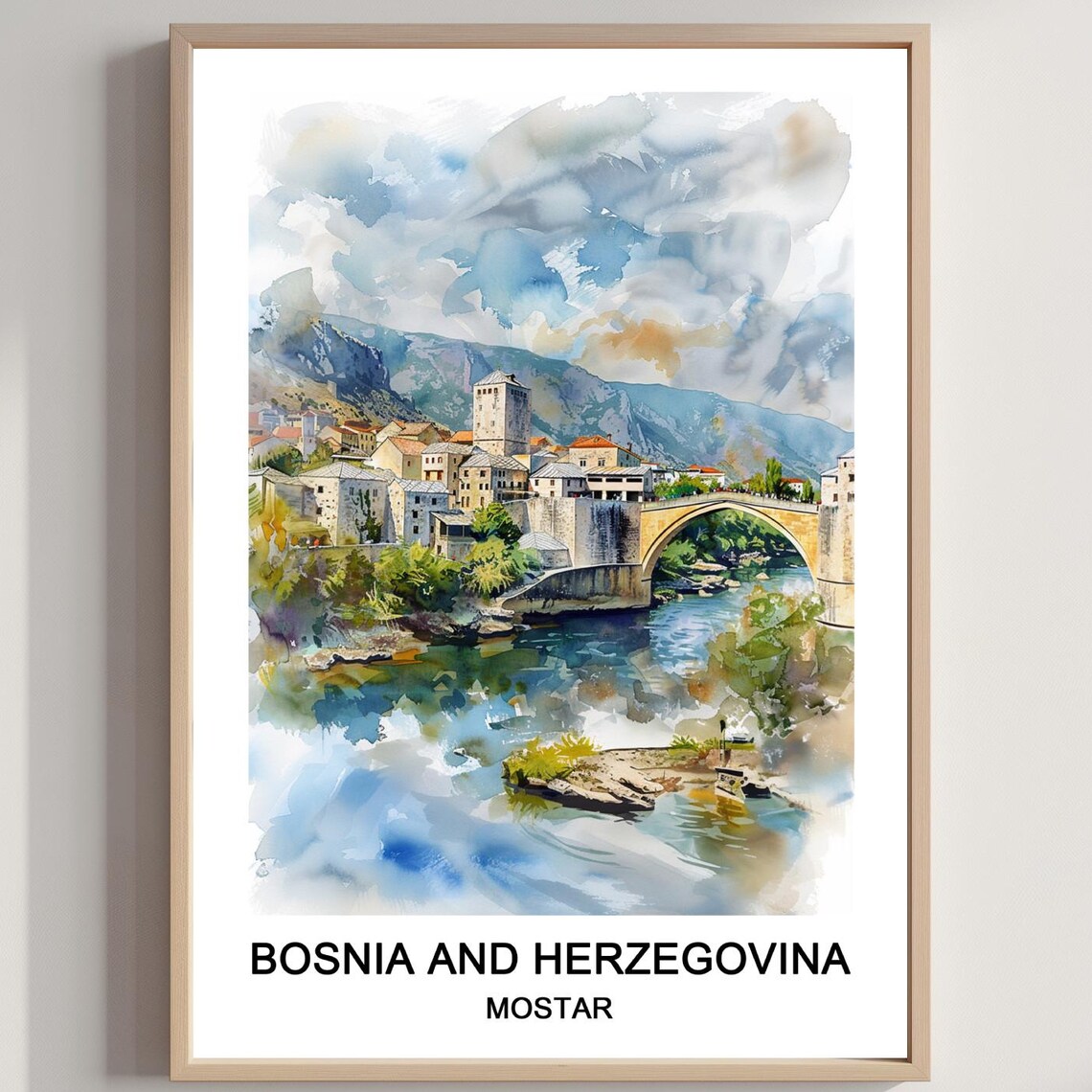 Mostar Bosnia and Herzegovina Old Bridge River Travel Poster