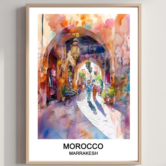 Marrakesh Morocco Watercolor Poster Souk Alleyway Lanterns Travel Decor