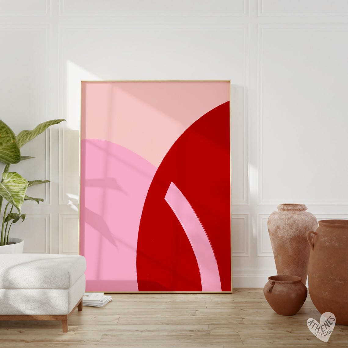 Red Arc Abstract on Pink Modern Minimalist Hand Drawn Wall Art