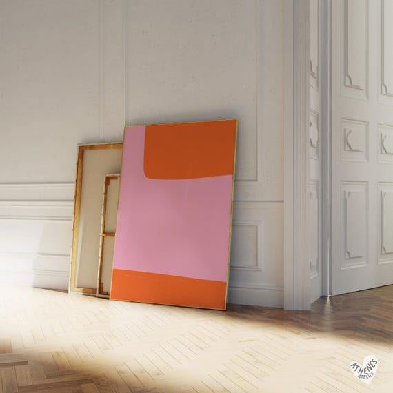 Abstract Print Pink And Orange Shapes Colorful Minimalist Mid Century Art Vibrant Modern Wall Trending Light