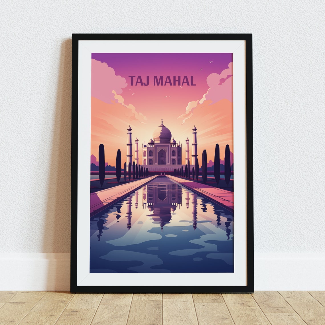 Taj Mahal India Sunset Reflection Pool Vintage Travel Poster