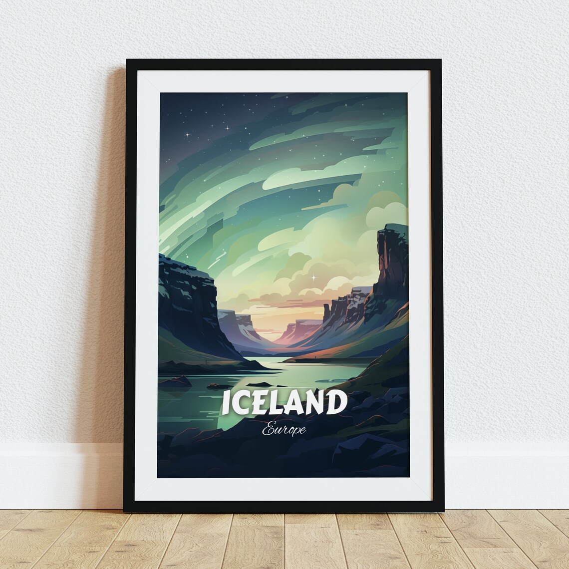 Iceland Northern Lights Fjord Night Sky Vintage Travel Poster