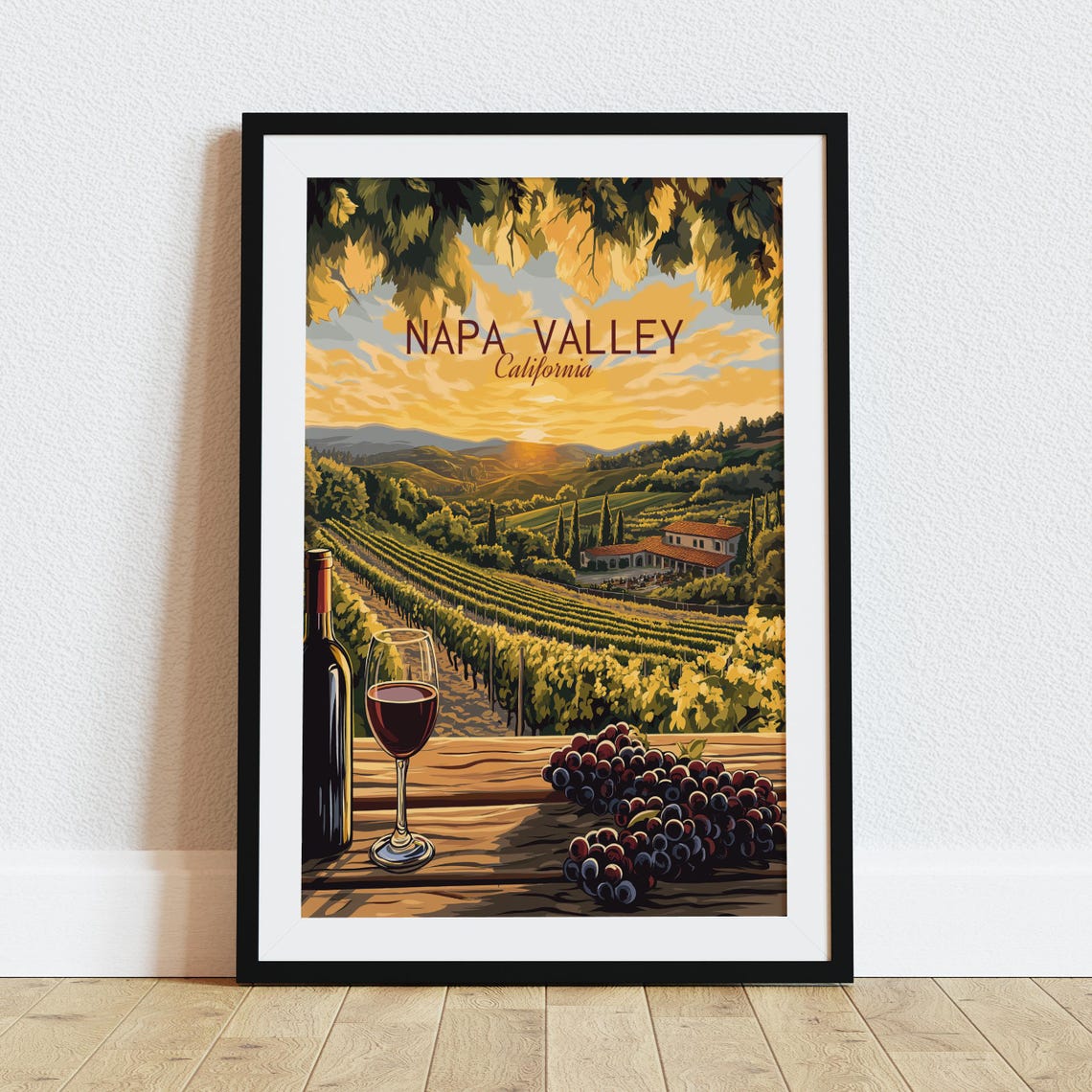 Napa Valley California Vineyards Sunset Wine Vintage Travel Poster