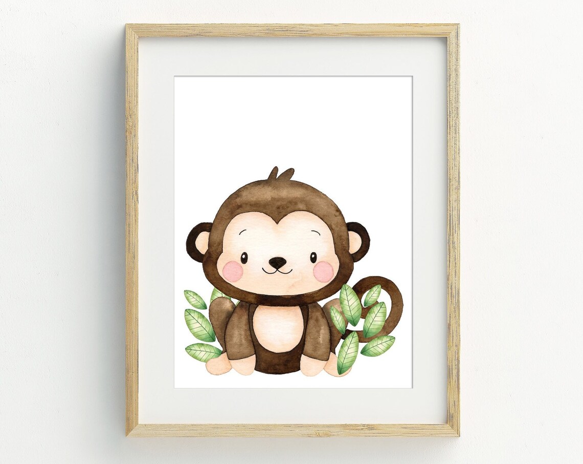 Cute Baby Monkey Watercolor Print Jungle Nursery Animal Baby Room Wall Art