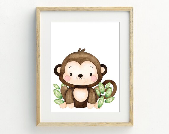 Cute Baby Monkey Watercolor Print Jungle Nursery Animal Baby Room Wall Art