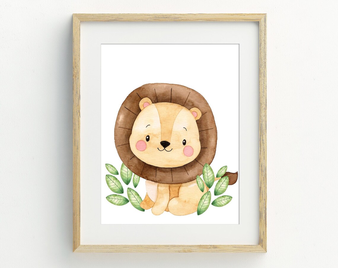 Cute Baby Lion Watercolor Jungle Nursery Kids Safari Wall Art Print