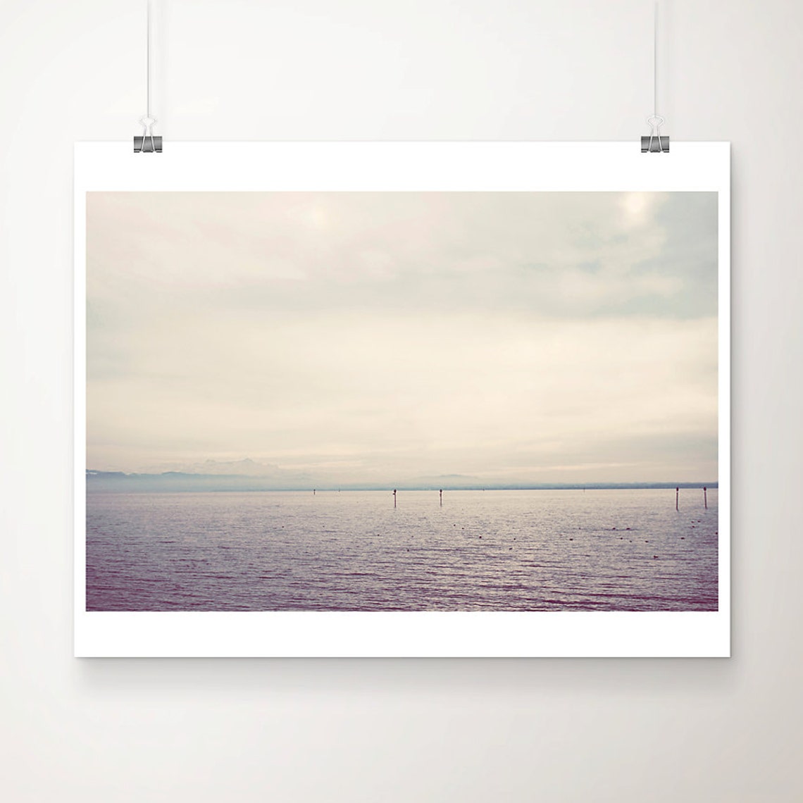 Calm Lake Horizon Distant Mountains Minimalist Nature Photo Poster