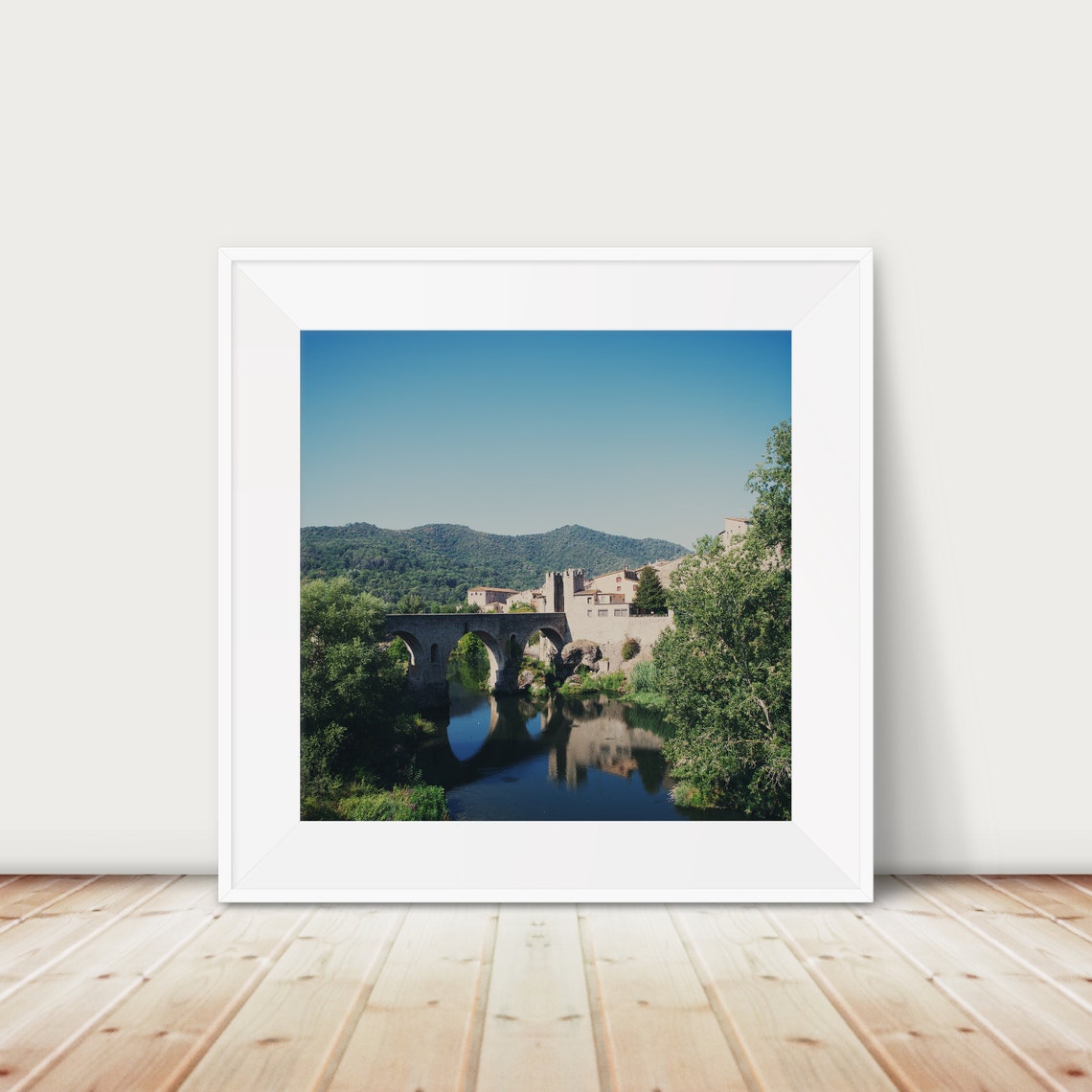 Besalu Spain Medieval Stone Bridge River Reflection Travel Poster