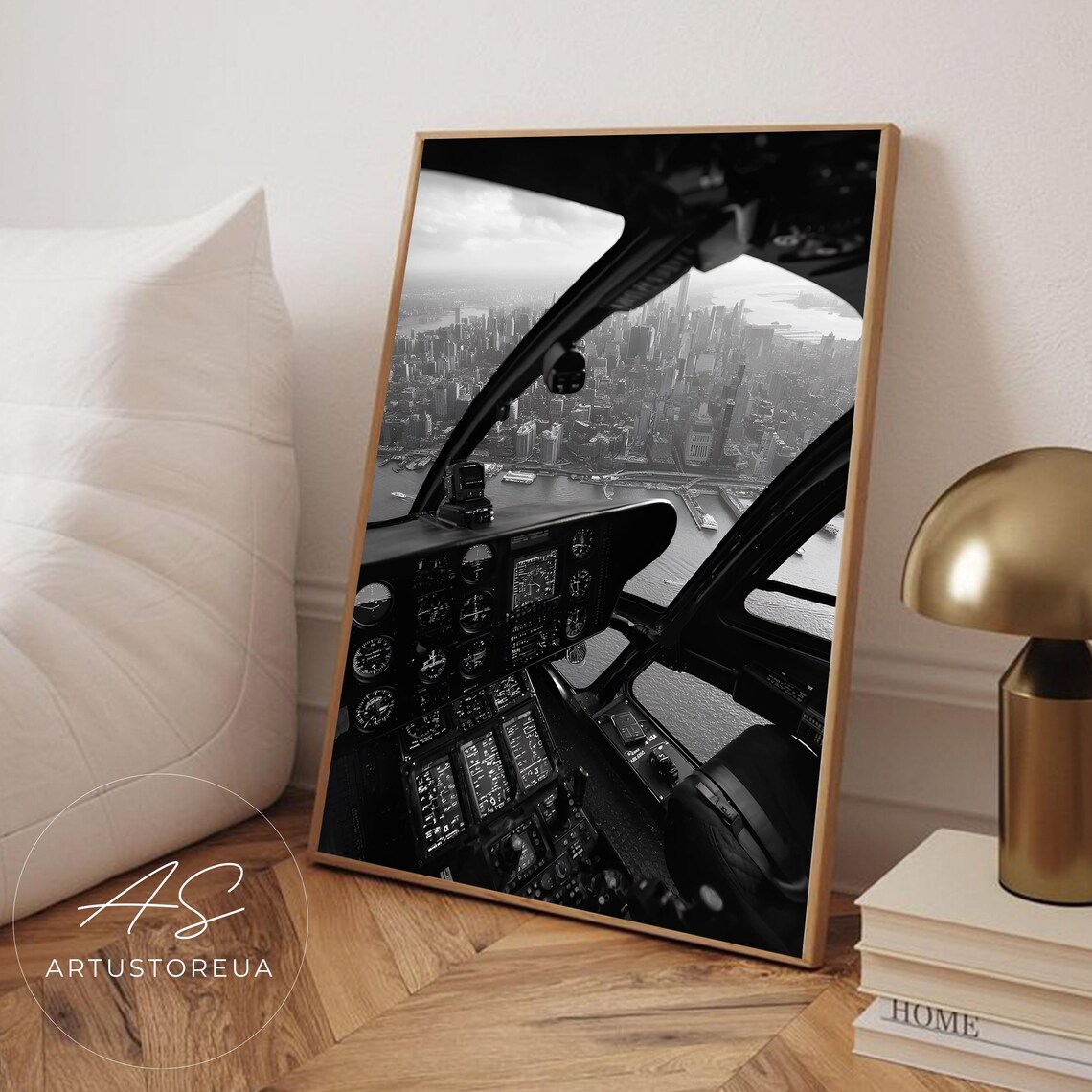 New York City Skyline From Helicopter Cockpit Black And White Photo Poster