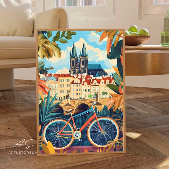 Prague Print Vibrant Charles Bridge With Cathedral Scene And Bike Czech Wall Art Travel Poster Colorful Cityscape Artwork