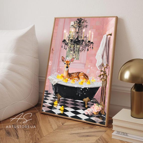 Whimsical Deer Bath Time Art Vibrant Illustration Of A Relaxed Soaking In Clawfoot Tub Pink Tiled Bathroom Bathtub Animal