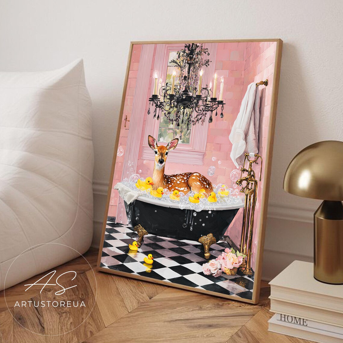 Baby Deer In Bubble Bath With Rubber Ducks In Pink Tiled Bathroom Poster