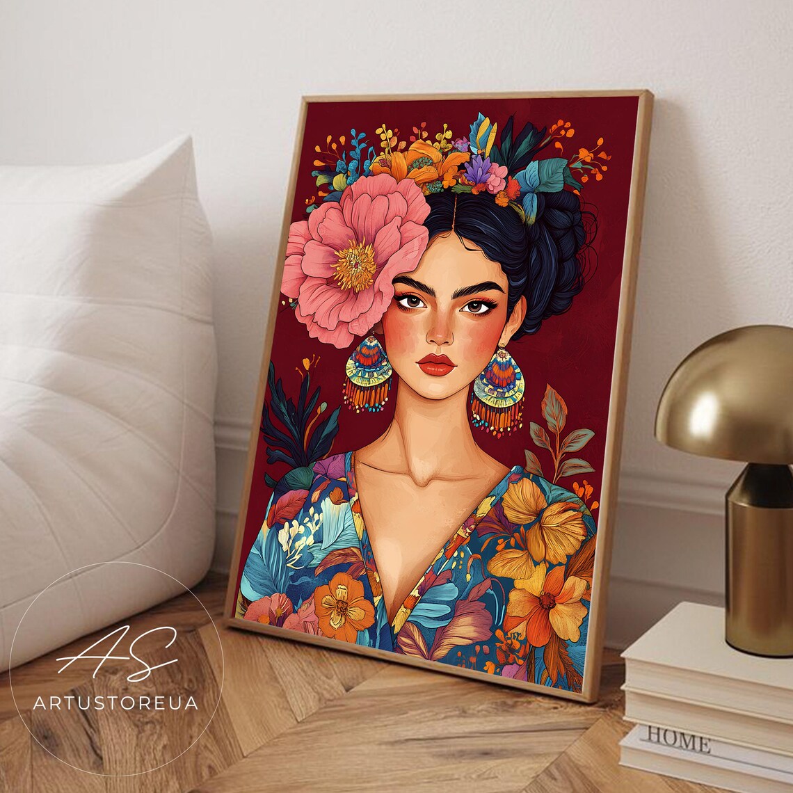 Latin Woman Portrait Art Print, Bold Floral Beauty