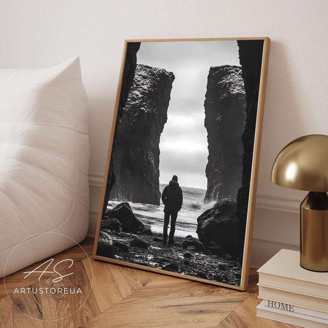 Iceland Black and White Coastal Rock Art Print