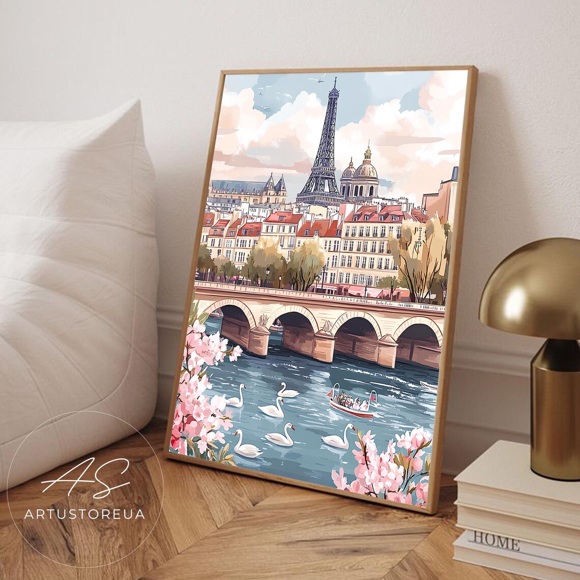 Spring Paris Eiffel Tower Seine Swans Blossom France Travel Poster