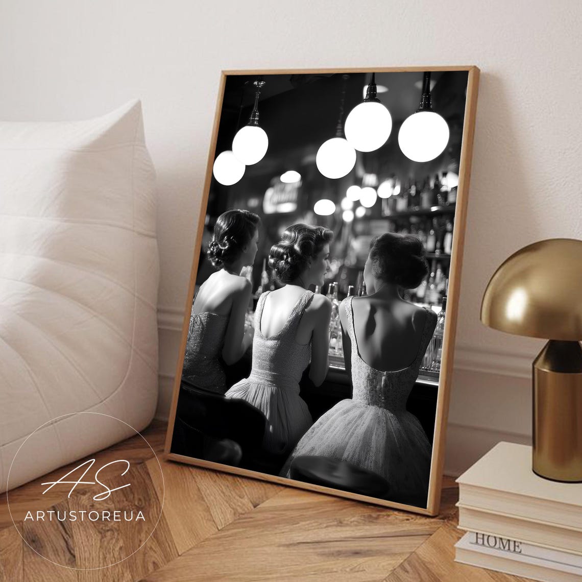 Vintage Bar Scene Three Women Evening Dresses Black White Poster