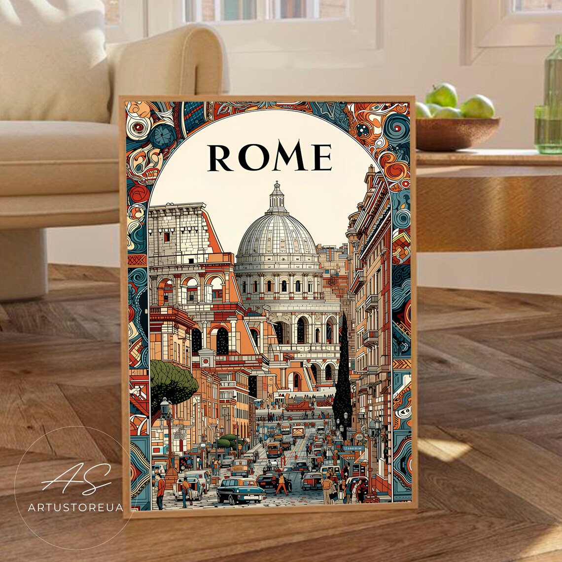 Rome Vintage Travel Poster, Cityscape Art Print