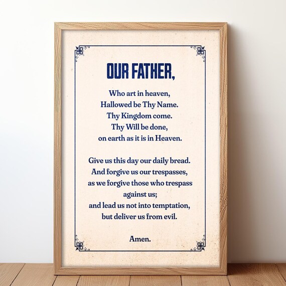 Classic Our Father Prayer Full Text Navy Christian Scripture Poster