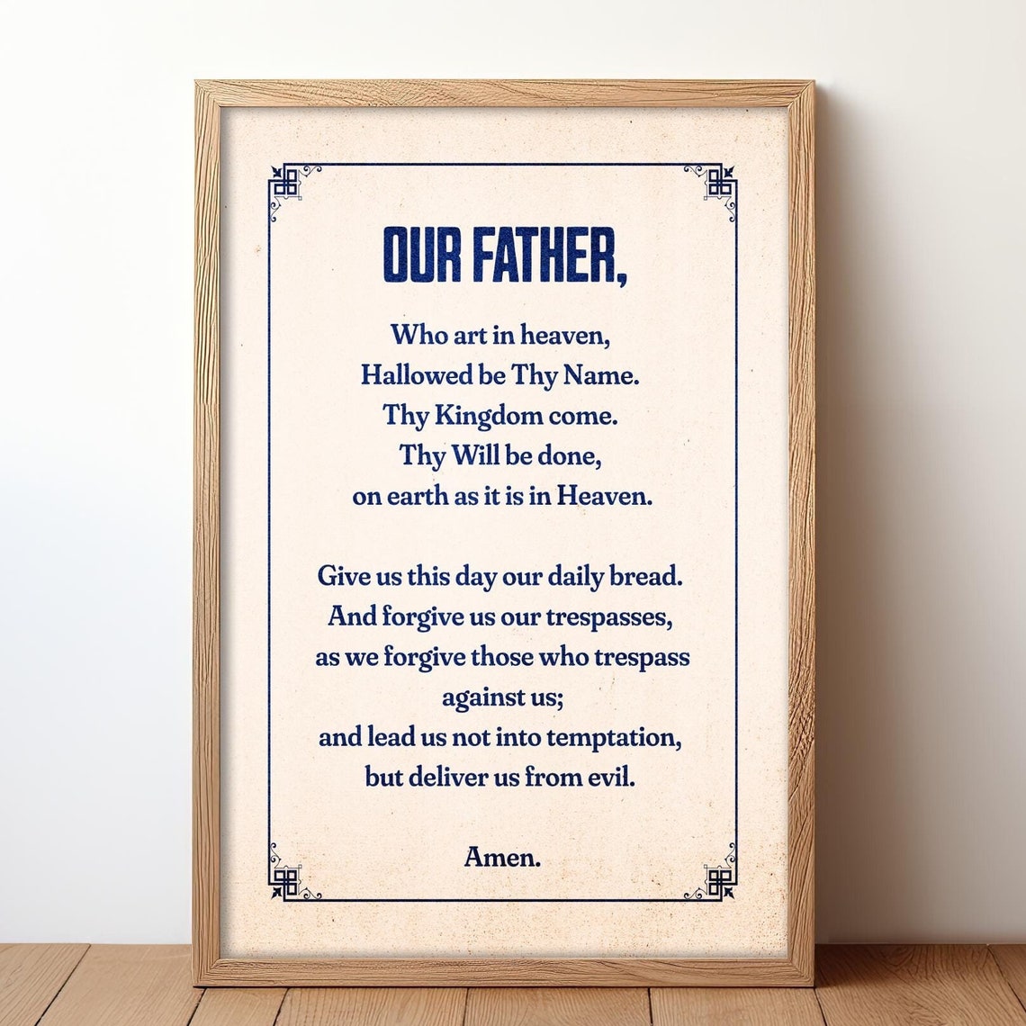 Classic Our Father Prayer Full Text Navy Christian Scripture Poster