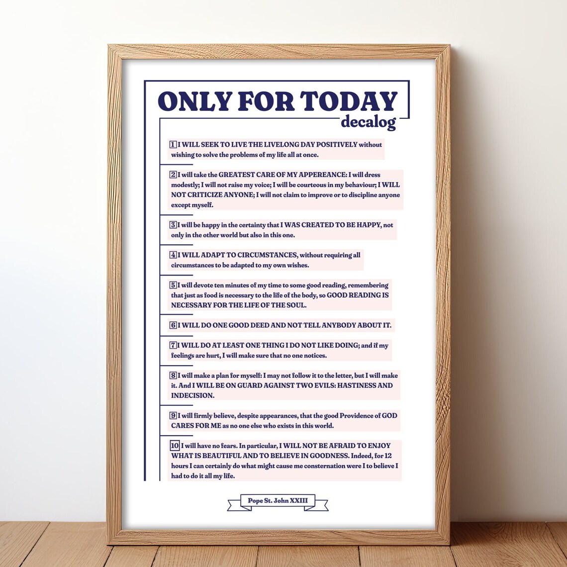 Only for Today Decalog Pope Saint John XXIII Ten Rules Quote Poster