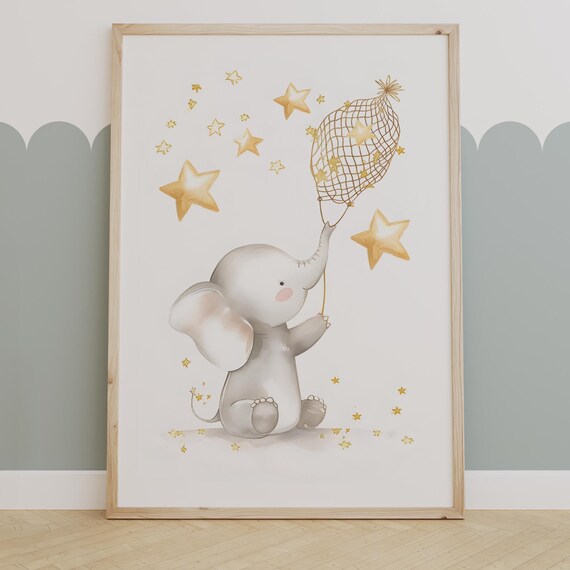 Elephant Catching Stars in a Net Gold Starry Nursery Wall Art