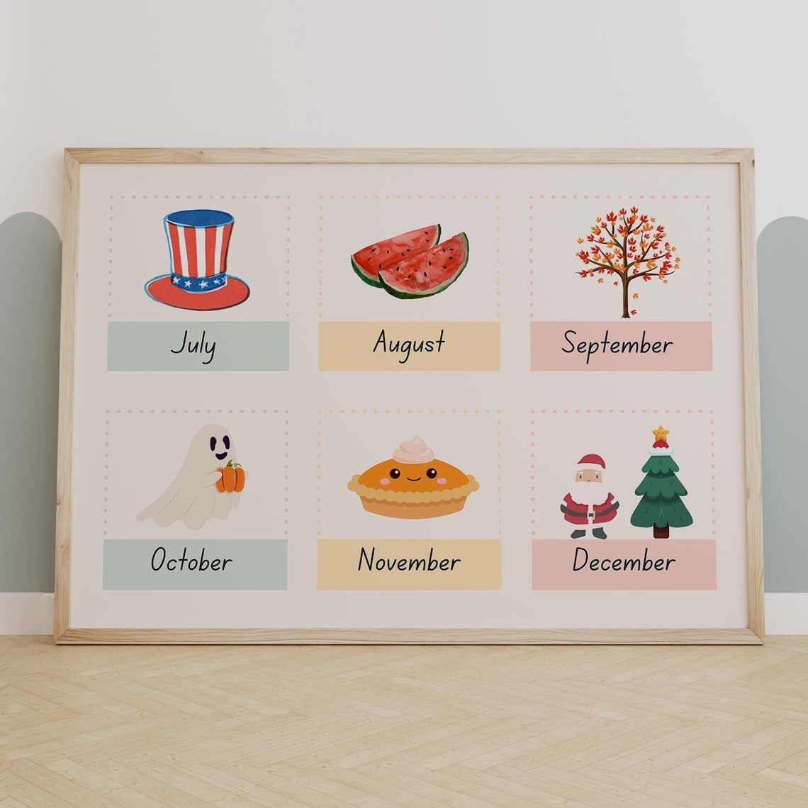 July To December Seasonal Holiday Months Cards Kids Wall Decor Poster