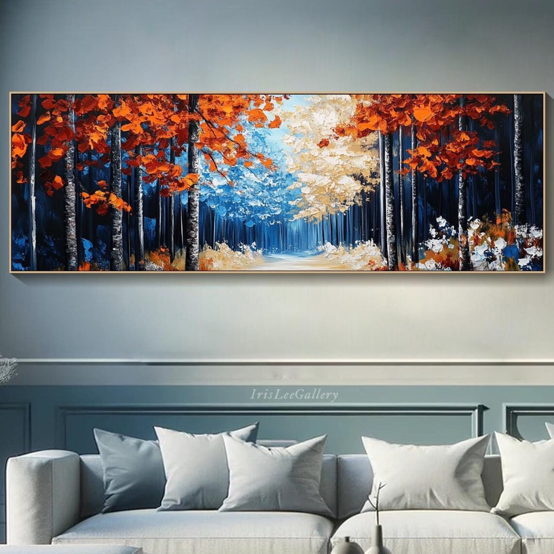 Orange Autumn Birch Forest Path Blue Red Leaves Woodland Art Poster