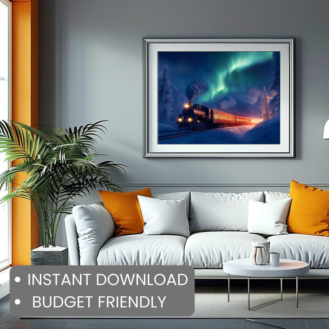 Aurora Borealis Steam Train in Snowy Forest Night Scene Poster - Image 2
