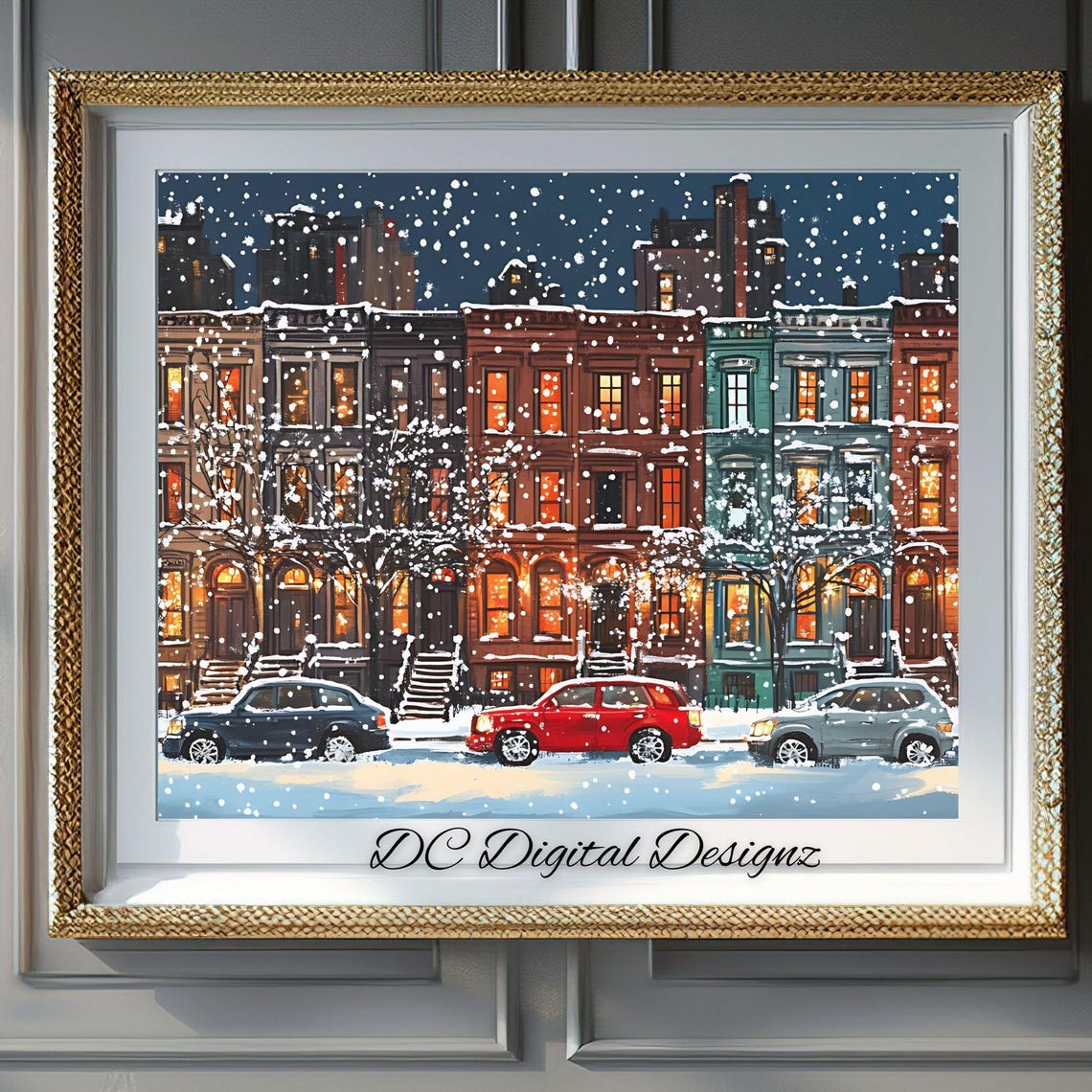 Snowy Brownstone Night Street Glowing Windows Winter City Poster